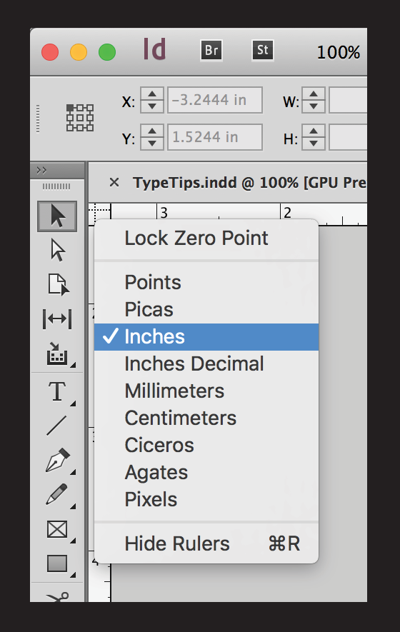 Changing unit measurements in an open InDesign document is quick and easy when you Show Rulers, then hover over the ruler crosshairs and Control + click.