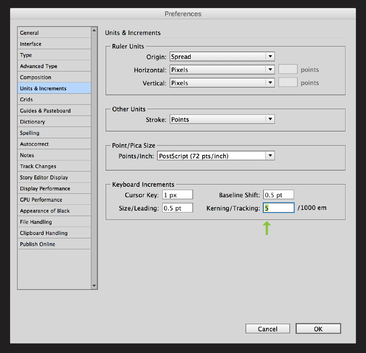 The default kerning (and tracking) increment can be changed from the overly-generous 20 to a smaller unit that allows for finer adjustments.