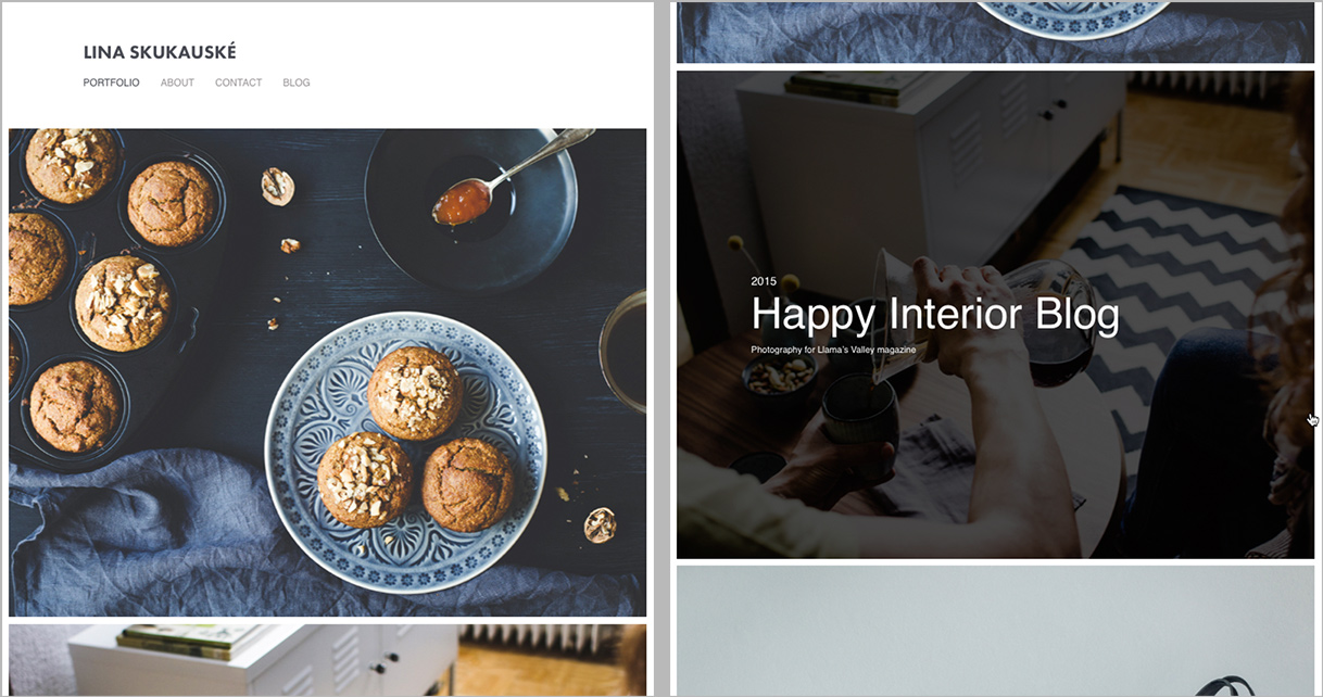 Lina has the navigation at the top. On the cover image grid (single column by default), project or gallery titles become visible on mouse rollover.