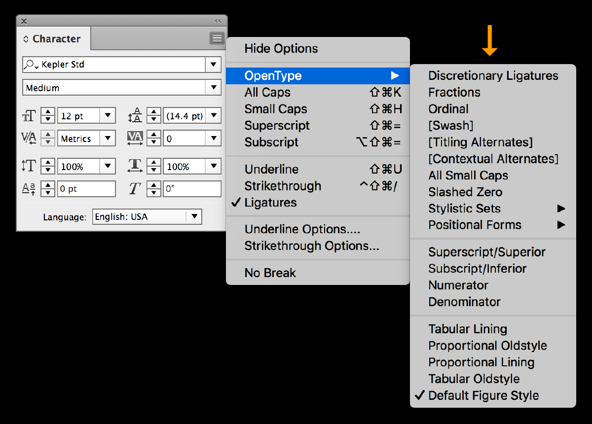 When using InDesign, all OpenType features are located in the OpenType panel off of the Character panel. 
