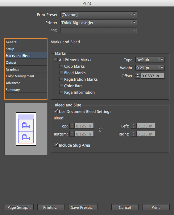 indesign print dialog box slug area