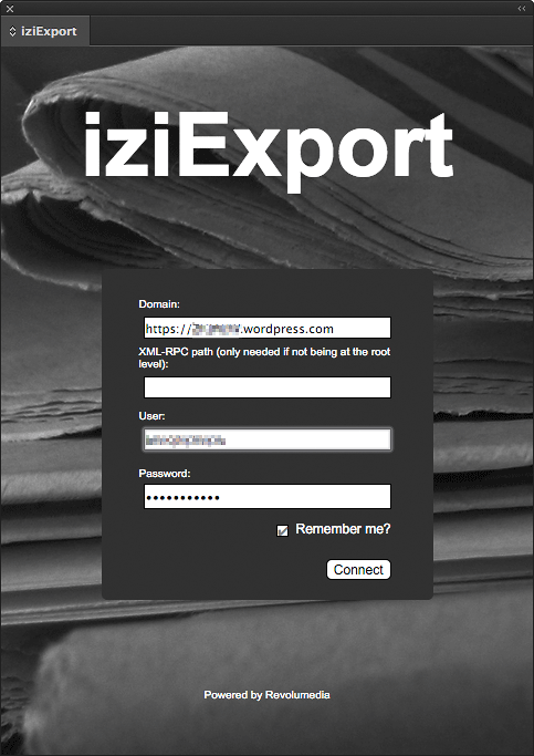 Figure 1: When the iziExport panel opens, you can enter the login credentials for your WordPress site.
