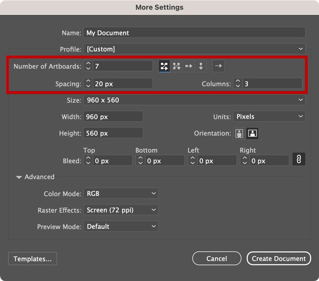 Artboard settings for a new document in Adobe Illustrator