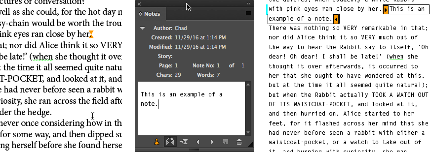 Figure 10: The appearance of notes in the layout view (left) and the Story Editor (right)