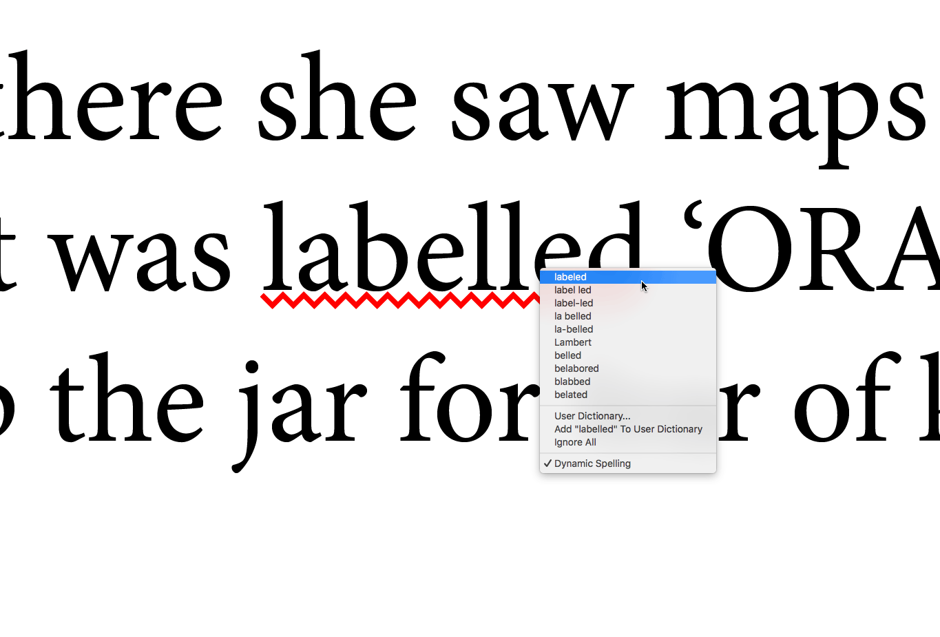 Figure 11: Right-clicking on a flagged word reveals suggested corrections that you can choose from.