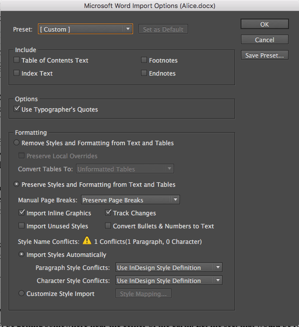 Figure 2: The selections you make in this dialog box will determine what content comes into InDesign from your Word document, and how that content is formatted.