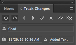 Figure 9: Use the buttons in the Track Changes panel to navigate through changes and accept or reject them.