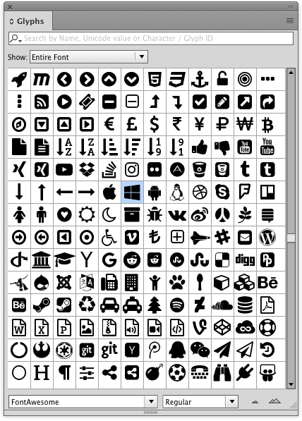 Font Awesome in InDesign Glyphs panel