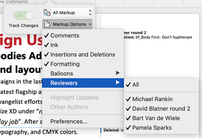 Microsoft Word Markup Options menu