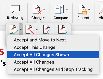 Microsoft Word changes menu with Accept All Changes Shown indicated