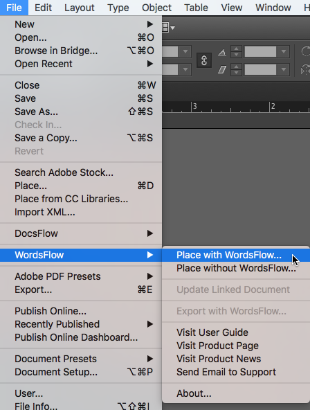 Wordsflow menu in InDesign