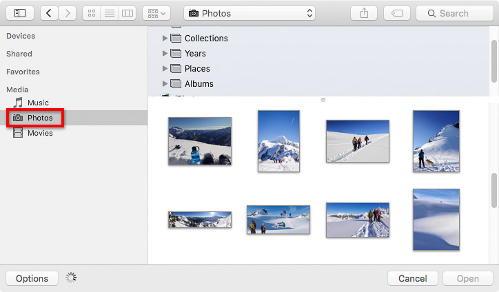 Apple Photos media library kan nås från sidofältet i dialogrutan Öppna i Photoshop.
