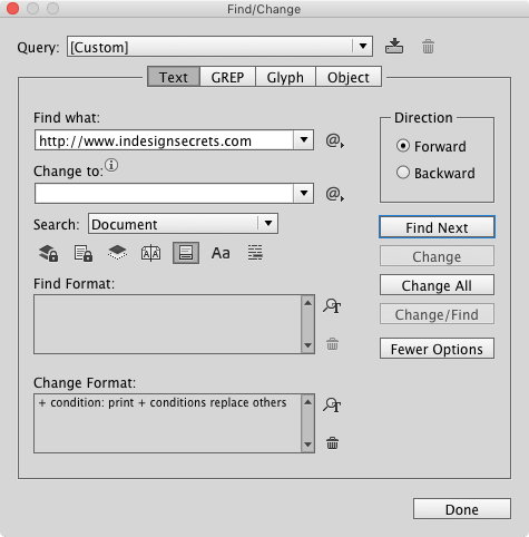 find/change to apply conditional text for multichannel publishing