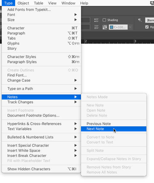 InDesign Notes menu