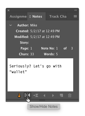 InDesign Notes panel show notes