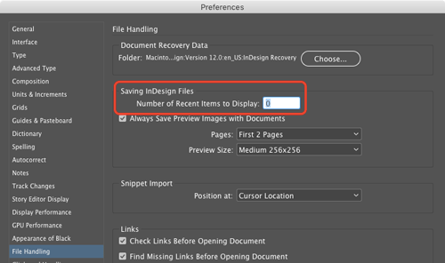 InDesign Preferences panel with Saving InDesign Files area indicated