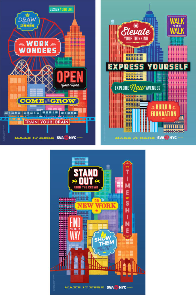 Three posters each showing city skyline in different bright colors