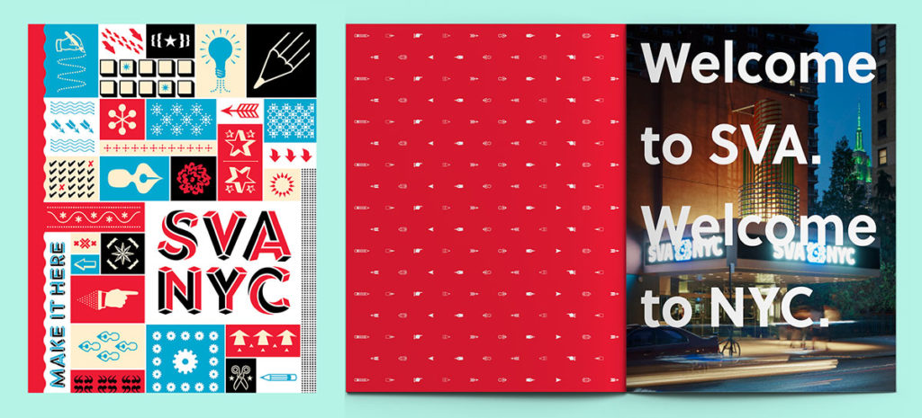 Collage-style cover in red, light blue, cream and black, "Welcome to SVA. Welcome to NYC."