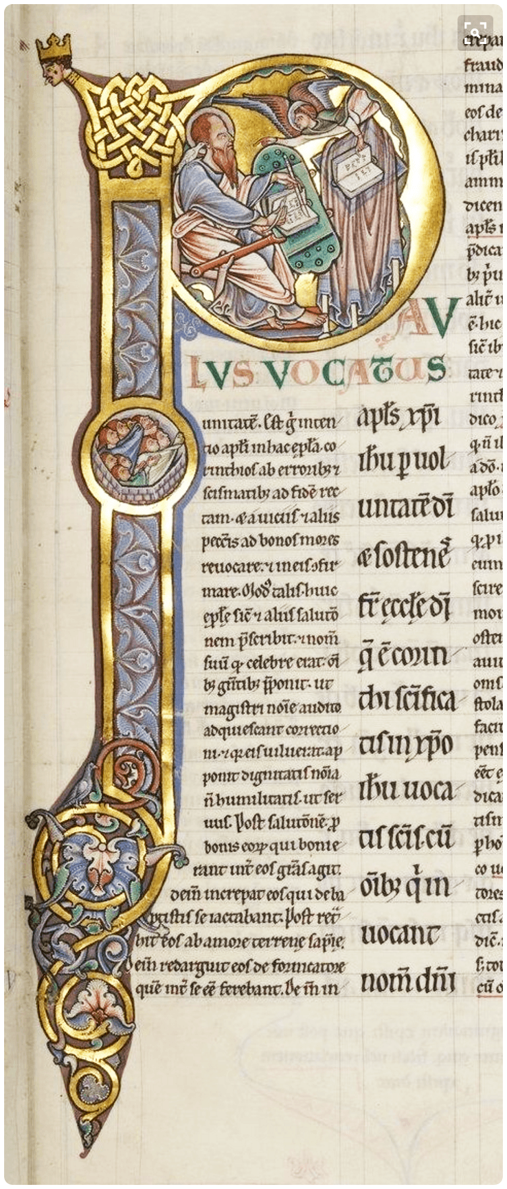 Large capital P extending down left margin with gold knotwork and a picture of a man writing in a book