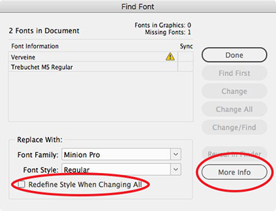 InDesign's Find Font dialog box with highlighted items