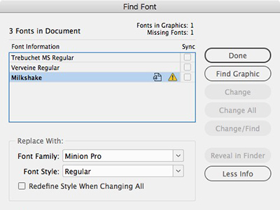 InDesign's Find Font dialog box graphic missing fonts