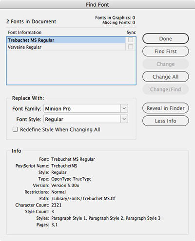 InDesign's Find Font dialog box Info section