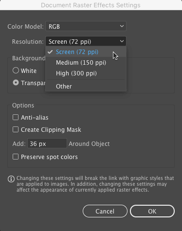 Document Raster Effects Settings dialog box in Illustrator