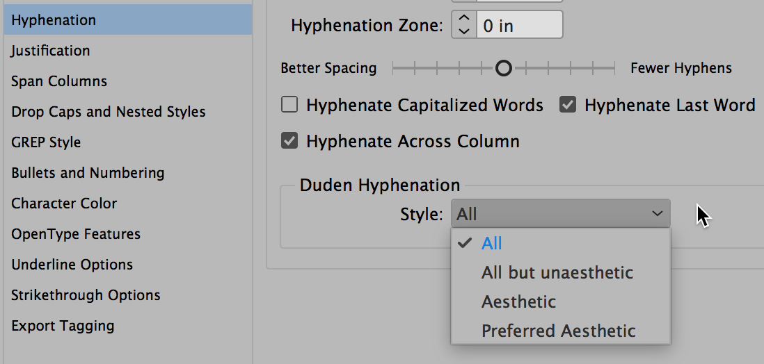 Duden German dictionary in InDesign