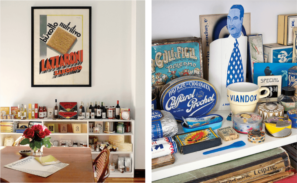 Room decorated with shelves full of lettered products and posters.