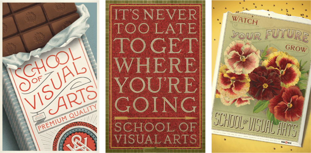 Three handlettered posters for the School of Visual Arts