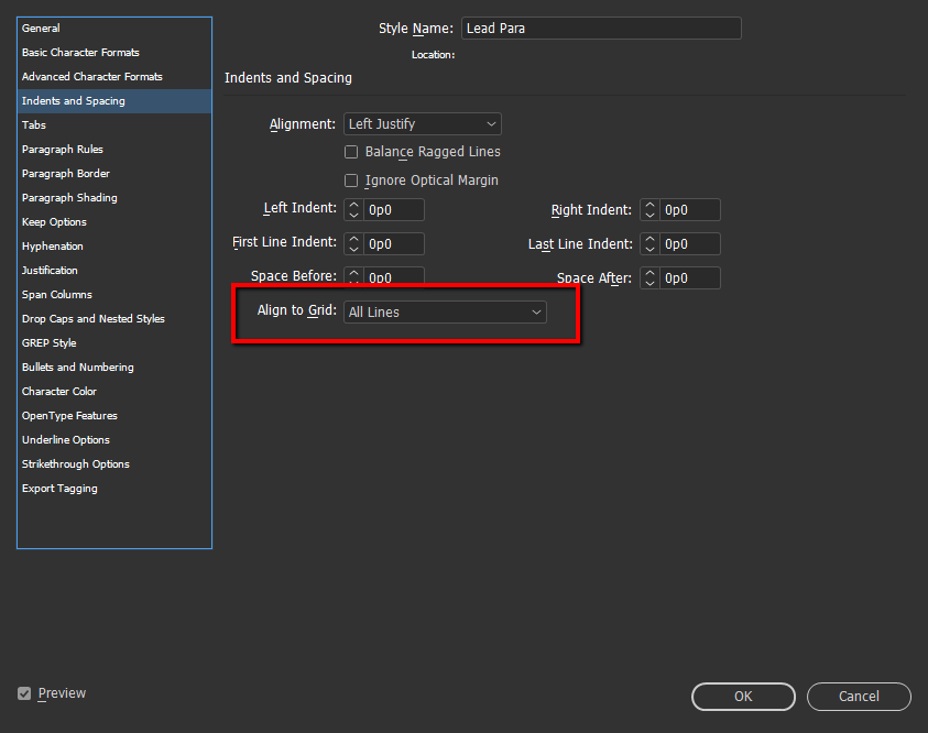 Main text starts with Lead Para style aligned to the custom baseline grid