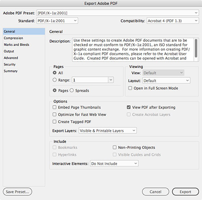 The Export Adobe PDF dialog box