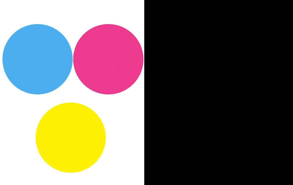 Three circles in cyan, magenta, and yellow on white background with black rectangle to the right