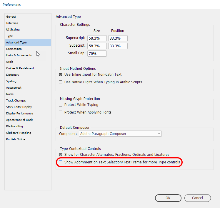 InDesign CC 2018 bug fix: deselect preference Show Adornment on Text Selection/Text Frame