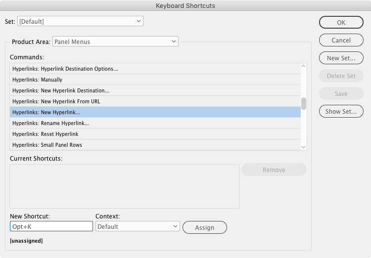 New Hyperlink shortcut InDesign