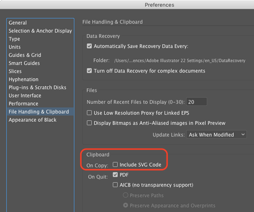 Illustrator SVG code clipboard preference