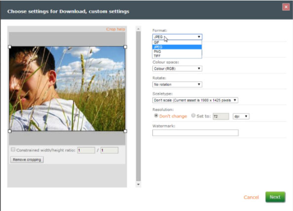 cropping and converting an image file format with Brandworkz