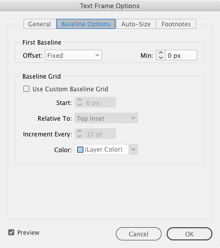 InDesign Text Frame Options First Baseline Offset Fixed