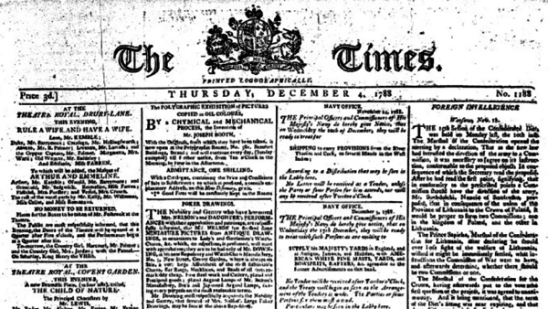 Front page of the December 4, 1788 edition of the London Times