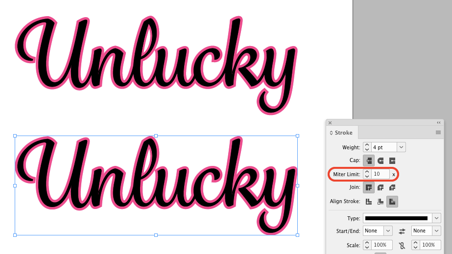 "Unlucky" with pink stroke next to Stroke panel with Miter Limit indicated