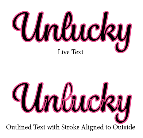 "Unlucky" in script font with stroke aligned to outside revealing awkward stroke overlaps