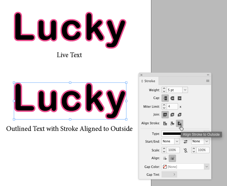 InDesign Stroke panel with Align Stroke to Outside indicated next to word "Lucky" with pink stroke