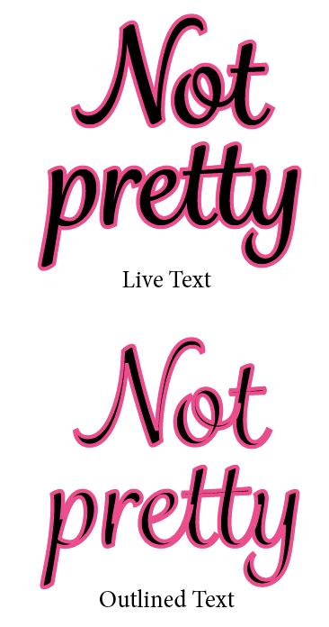 Black live text with pink stroke compared with black outlined text with too heavy pink stroke