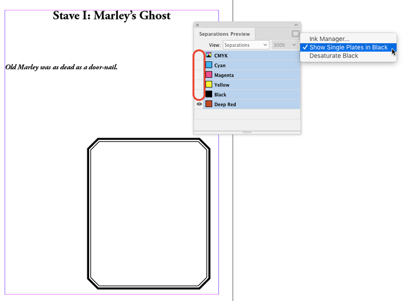 InDesign Separations Preview show single plates in black