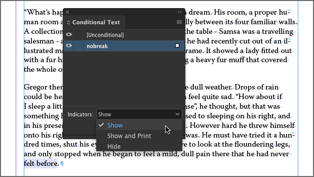 screenshot of the Conditional Text panel in Adobe InDesign showing a condition that reveals the No Break attribute applied to the last two words in a paragraph.