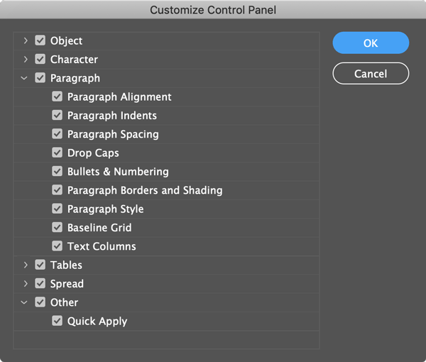options for customizing the Control panel in InDesign