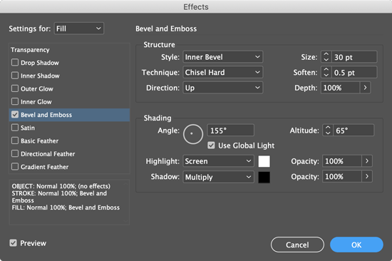 Fill bevel & emboss settings for Captain Marvel star