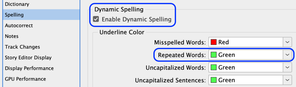 InDesign Dynamic Spelling preference for detecting repeated words