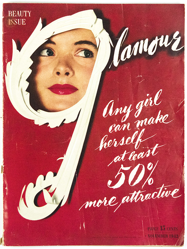 Glamour magazine cover with handlettering and photograph of woman's face