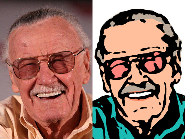 Comparison between photograph of Stan Lee and created Photoshop cartoon